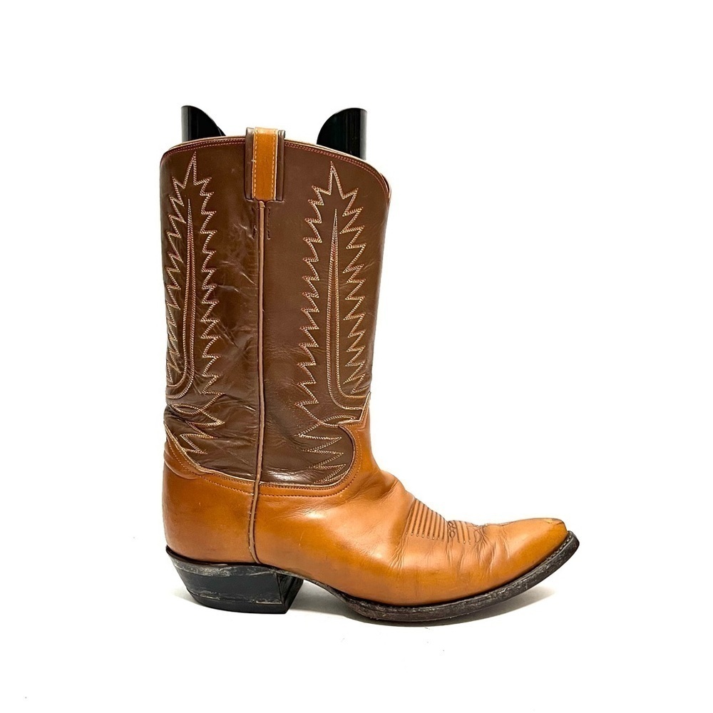 Vintage 1980s men’s brown leather pointed toe mid calf western cowboy boots